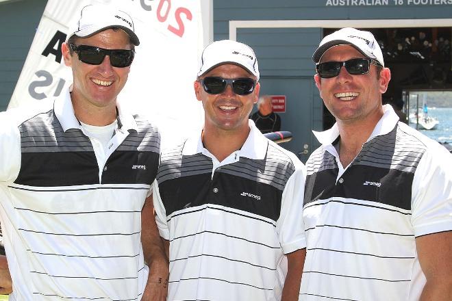 Australian 18ft Skiff champions Smeg team (left to right) Mike McKensey, Lee Knapton, Ricky Bridge &copy; Frank Quealey /Australian 18 Footers League http://www.18footers.com.au
